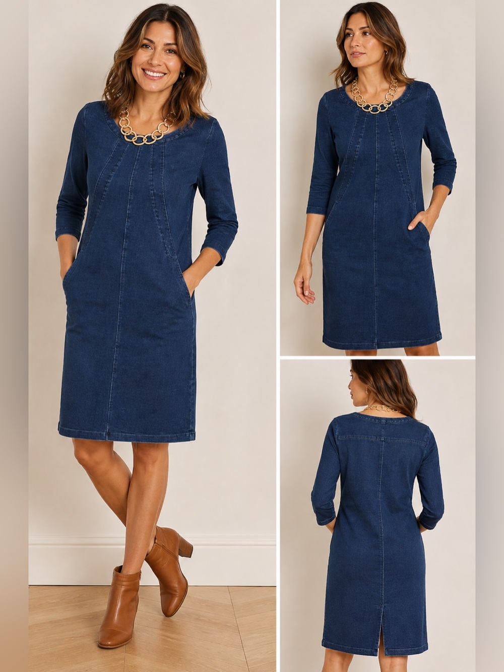 Boden Hannah Denim Dress Dark Wash Blue Stretch Cotton Shift Dress Size 14